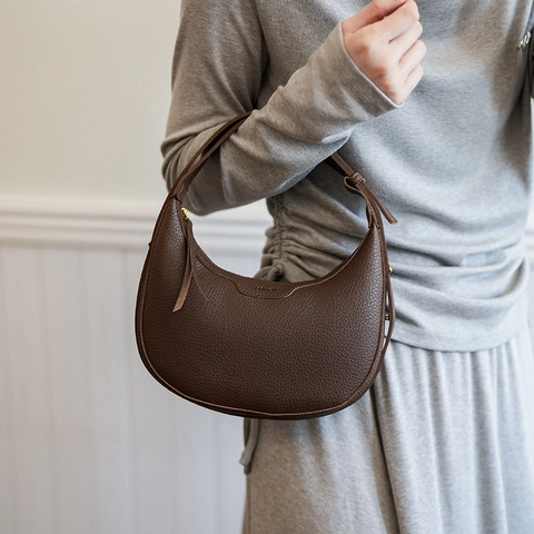 Women Lychee Grain PU Leather Hobo Bag Vintage Half Moon Shoulder Bag Adjustable Strap Niche Crossbody Purse