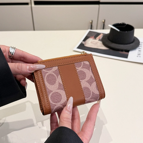 Small Zipper Wallet Women PU Leather Multi Card Slot Cardholder Portable Retro Monogram Coin Purse