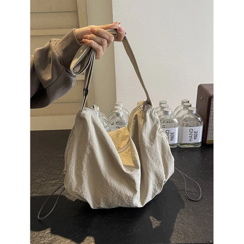 Large Capacity Crinkled Nylon Hobo Shoulder Bag With Adjustable Wide Strap Drawstring Detail Casual Crossbody Tote For Women