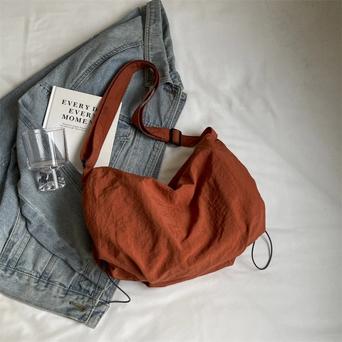 Large Capacity Crinkled Nylon Hobo Shoulder Bag With Adjustable Wide Strap Drawstring Detail Casual Crossbody Tote For Women