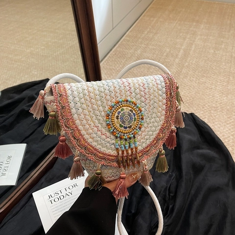 Böhmische Gewebte Schultertasche Mit Bunten Quasten Und Perlenstickerei Ethnische Halbmod Crossbody Für Urlaub Strand Frauen
