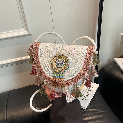 Böhmische Gewebte Schultertasche Mit Bunten Quasten Und Perlenstickerei Ethnische Halbmod Crossbody Für Urlaub Strand Frauen