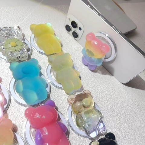 Magnetic Phone Grip Gummy Bear Shape Resin Gradient Color Collapsible Finger Holder Stand For Smartphone Magnetic Compatible Cute