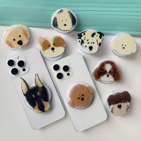 Magnetic Phone Grip Tok Stand Acrylic Dog Illustration Folding Telescopic Hand Painted Puppy Griptok For Smartphone