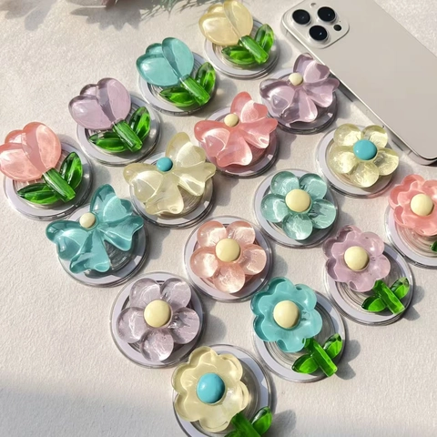 Impugnatura Magnetica Per Telefono Resina Fiore Tulipano Fiocco Trasparente Gelatina Macaron Colore Supporto Plegable