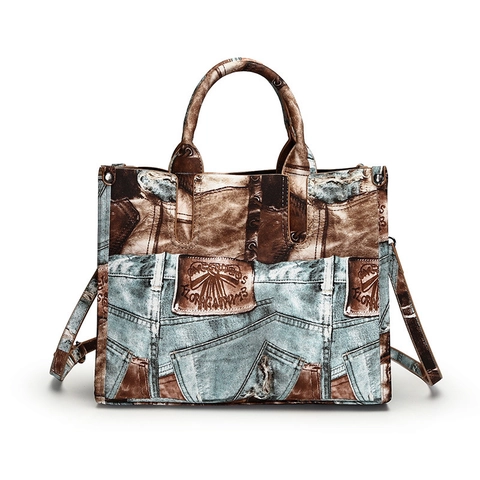 Vintage Denim Patchwork Print Tote Bag Für Damen PU Leder Große Kapazität Handtasche Mit Abnehmbarem Schultergurt Retro