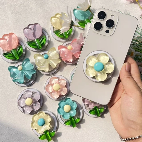 Impugnatura Magnetica Per Telefono Resina Fiore Tulipano Fiocco Trasparente Gelatina Macaron Colore Supporto Plegable