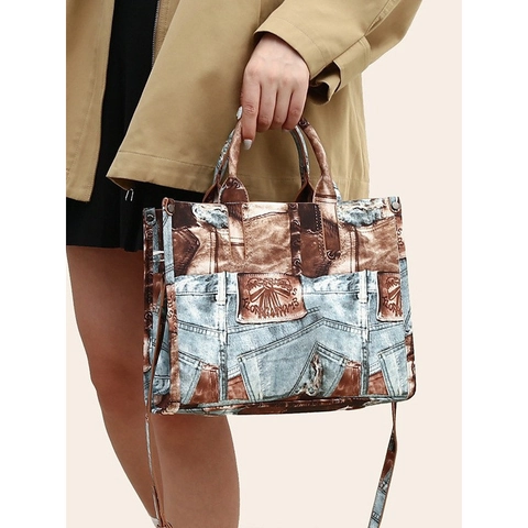 Vintage Denim Patchwork Print Tote Bag Für Damen PU Leder Große Kapazität Handtasche Mit Abnehmbarem Schultergurt Retro