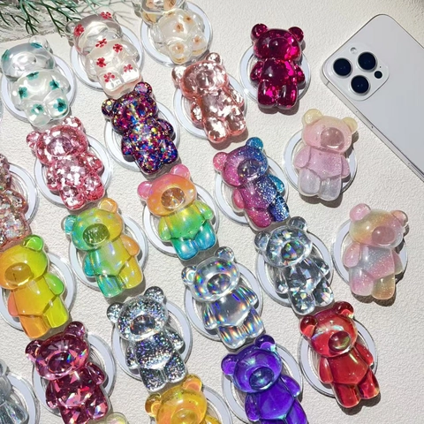 Magnetic Phone Holder Resin Bear Shape Magsafe Compatible Telescopic Airbag Grip Glitter Dried Flower Desktop Stand