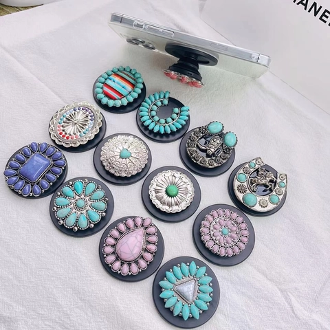 Soporte Magnético Para Teléfono Boho Western Turquesa Aleación Retro Agarre Telescópico Plegable Soporte Magnético