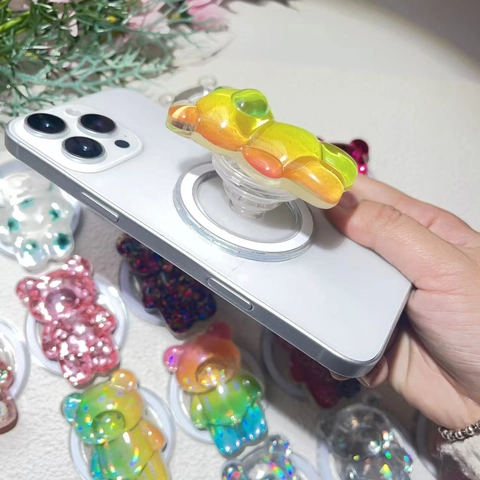 Supporto Magnetico Per Telefono Resina Orso Magsafe Compatibile Impugnatura Airbag Telescopica Glitter Fiori Secchi