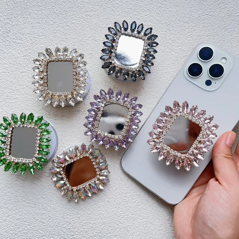 Supporto Per Impugnatura Per Telefono In Strass Magnetico Con Specchio Per Trucco Pieghevole Lega Di Zinco Bling Donne