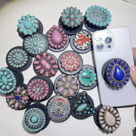 Bohemian Retro Magnetic Phone Grip Stand Retractable Zinc Alloy Turquoise Resin Ethnic Support For Mobile Phones