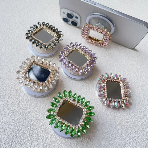 Supporto Per Impugnatura Per Telefono In Strass Magnetico Con Specchio Per Trucco Pieghevole Lega Di Zinco Bling Donne