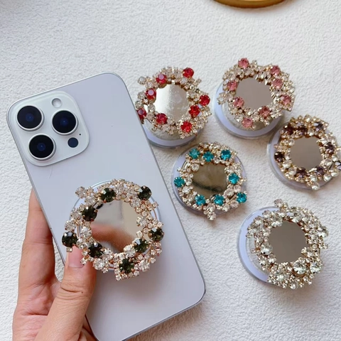 Supporto Magnetico Per Telefono Con Ghirlanda Di Strass Specchio Circolare Supporto Retraibile Per Smartphone Lusso
