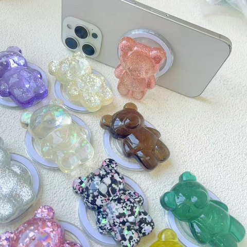 Supporto Magnetico Per Telefono Forma Orso Resina Glitter Paillettes Compatibile MagSafe Scrivania