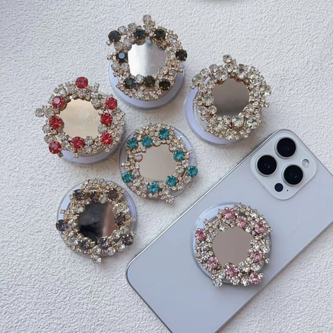 Supporto Magnetico Per Telefono Con Ghirlanda Di Strass Specchio Circolare Supporto Retraibile Per Smartphone Lusso