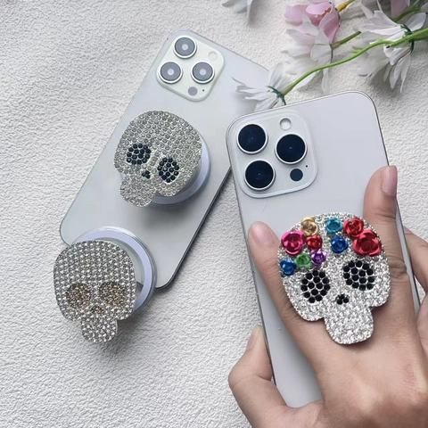 Supporto Magnetico Per Telefono Impugnatura Teschio Strass Lega Di Zinco Pieghevole Per Smartphone Lusso