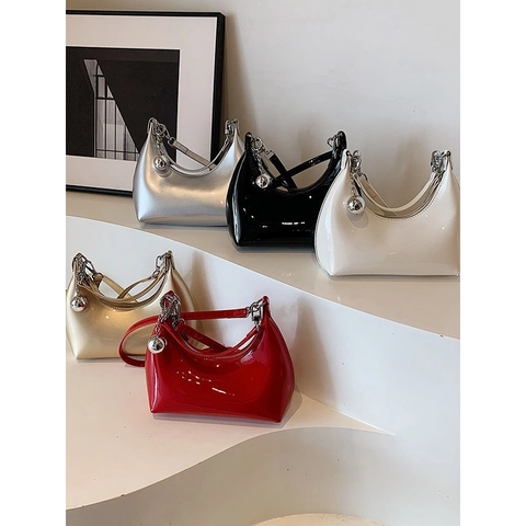 Women Patent PU Leather Hobo Bag Glossy Crescent Shoulder Handbag With Metal Ball Charm Trendy Y2K Style Crossbody