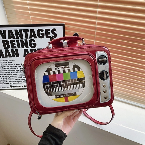 Retro TV Geformte Umhängetasche PU Leder Kein Signal Muster Transparentes Fenster Herz Nieten Handtasche