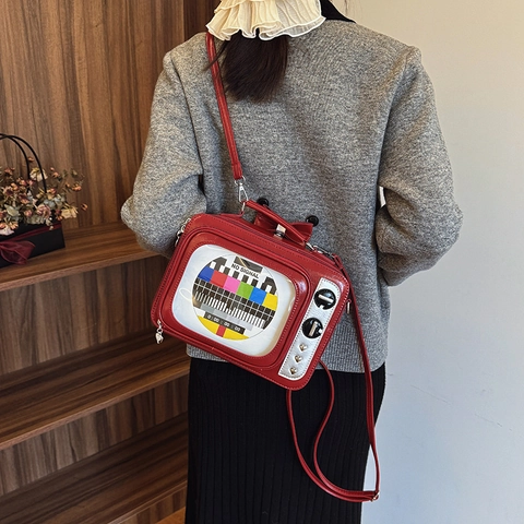 Retro TV Geformte Umhängetasche PU Leder Kein Signal Muster Transparentes Fenster Herz Nieten Handtasche