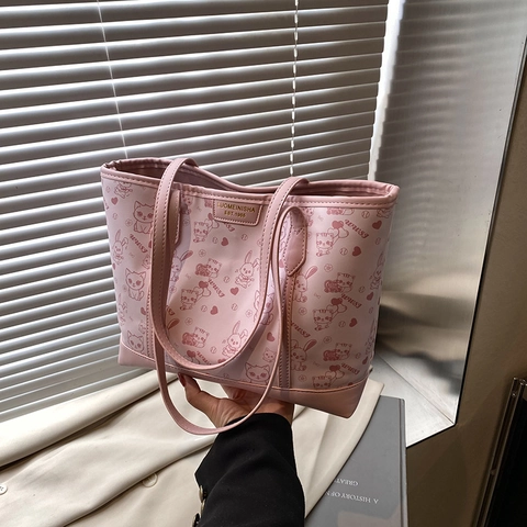 Große PU Leder Tote Bag Cartoon Katze Hase Print Lässige Pendler Schultertasche Süßer Stil Damen Studentin