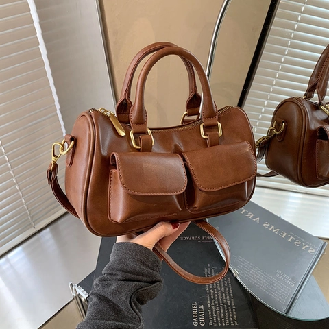 Borsa Boston In Pelle PU Vintage Tasche Frontali Multiple Borsa A Mano Rétro Borsa A Spalla Tracolla Per Donne Di Tendenza