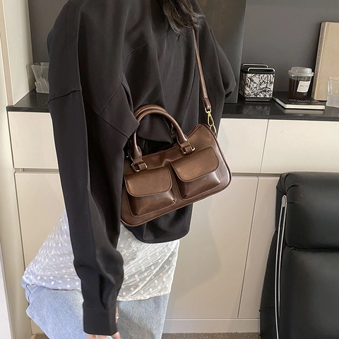 Borsa Boston In Pelle PU Vintage Tasche Frontali Multiple Borsa A Mano Rétro Borsa A Spalla Tracolla Per Donne Di Tendenza