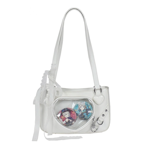 Sac Ita Cuir PU Fenêtre Transparente En Forme De Coeur Noeud Dentelle Fini Brillant Style Japonais JK Doux Sac Bandoulière