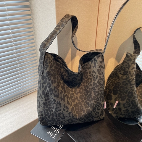 Luipaardprint Tote Tas Canvas Grote Capaciteit Schoudertas Magneetsluiting Retro Street Style Dames Dagelijkse Tas