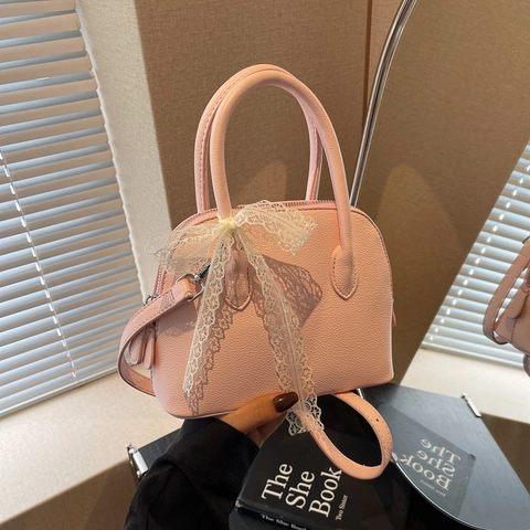 Borsa A Mano Da Donna PU Pelle Grana Ciottolo Borsa A Tracolla Con Fiocco In Pizzo Bianco Stile Coreano Elegante