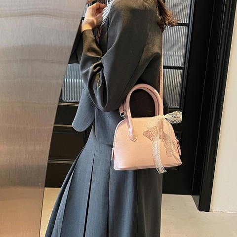 Borsa A Mano Da Donna PU Pelle Grana Ciottolo Borsa A Tracolla Con Fiocco In Pizzo Bianco Stile Coreano Elegante