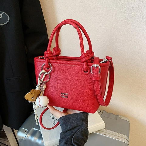 Borsa A Secchiello Alla Moda In Pelle PU Con Motivo Litchi Manico A Nodo E Ciondolo Da Baseball Borsa Casual