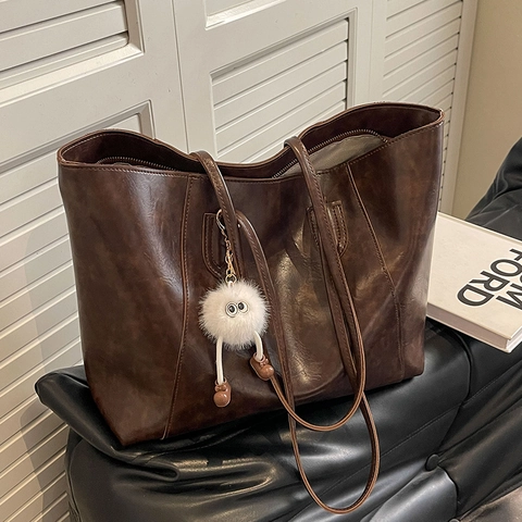 Women Large Capacity Tote Bag Retro PU Leather Oil Wax Texture Commute Shoulder Handbag Elegant Minimalist Solid Color