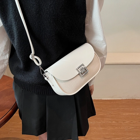 Fashion Women Small Square Shoulder Bag PU Leather And Woven Patchwork Saddle Bag With Silver Metal Buckle Lock Casual