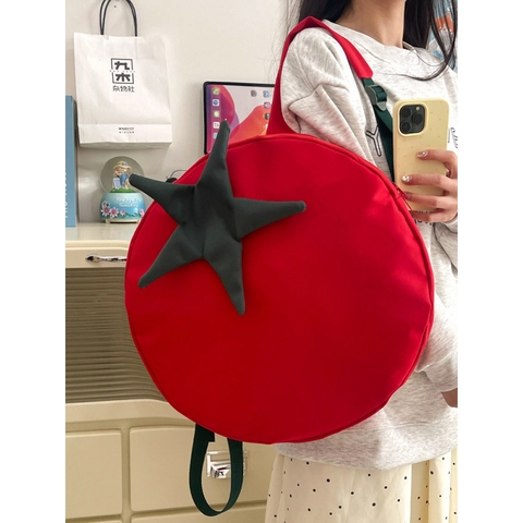 Zaino Rotondo Forma Pomodoro Nylon Tessuto Composito Leggero Cartone Animato Borsa Verdura Per Donne Studenti Novità