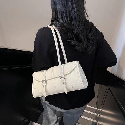 Bolso Vintage de Cuero PU para Mujer Axila Color Sólido Grande Bolso de Hombro Baguette Con Hebillas Moda Viaje Diario
