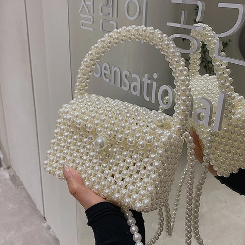Handgewebte Künstliche Perlen Tasche Vintage Französischer Stil Kleine Quadratische Abendhandtasche Mit Abnehmbarem Kettenriemen