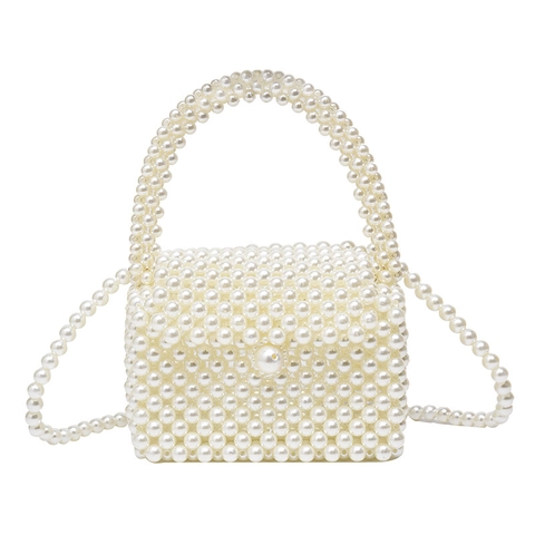 Handgewebte Künstliche Perlen Tasche Vintage Französischer Stil Kleine Quadratische Abendhandtasche Mit Abnehmbarem Kettenriemen