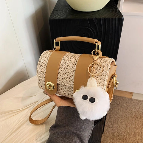 Woven Straw Cylindrical Crossbody Bag For Women Retro PU Leather Boston Handbag With Plush Monster Charm Twist Lock