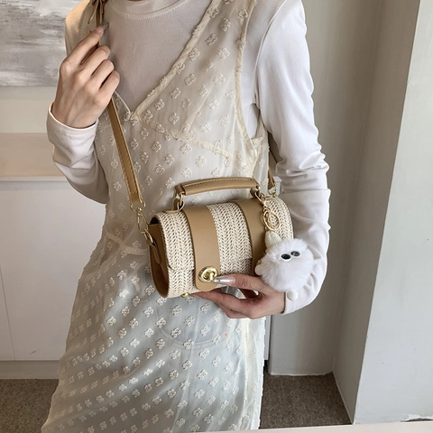 Woven Straw Cylindrical Crossbody Bag For Women Retro PU Leather Boston Handbag With Plush Monster Charm Twist Lock