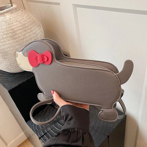 Hündchen Form Umhängetasche PU Leder Litschi Maserung Schleife Dekor Süße Cartoon Dackel Schultertasche Für Frauen
