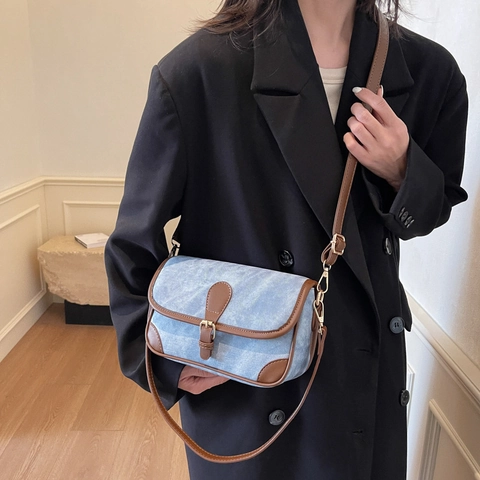 Borsa A Tracolla Vintage Da Donna Finiture In Pelle PU A Contrasto Denim Tela Patta Borsa A Spalla Regolabile