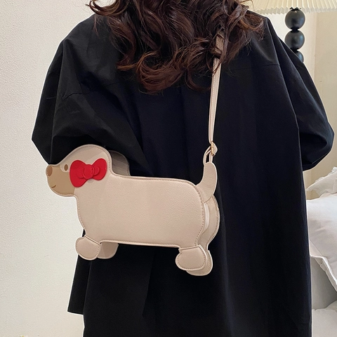 Hündchen Form Umhängetasche PU Leder Litschi Maserung Schleife Dekor Süße Cartoon Dackel Schultertasche Für Frauen