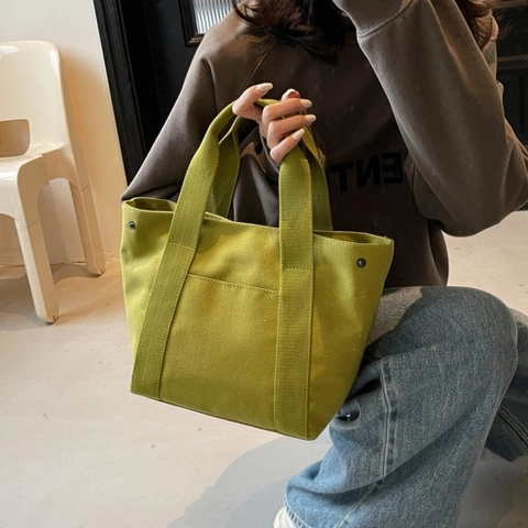 Borsa Tote In Tela Da Donna Stile Giapponese Semplice Borsa A Mano Casual Con Tasca Frontale Chiusura Lampo Versatile Pendolare