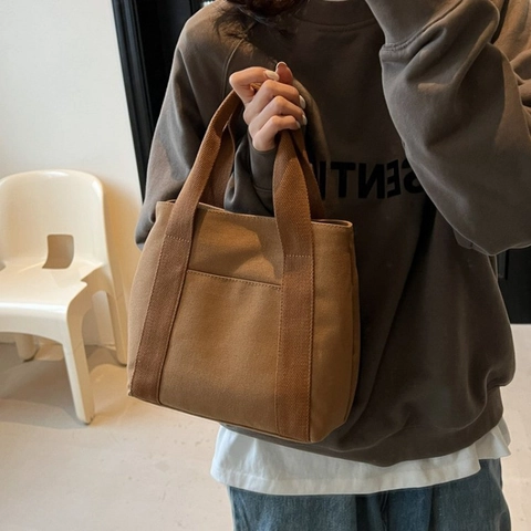 Borsa Tote In Tela Da Donna Stile Giapponese Semplice Borsa A Mano Casual Con Tasca Frontale Chiusura Lampo Versatile Pendolare