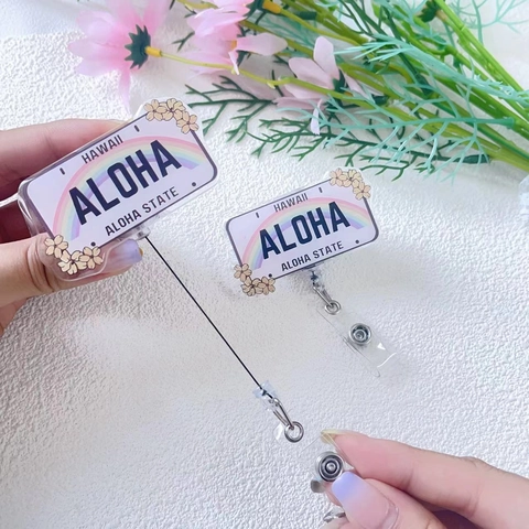 Retractable Badge Reel Acrylic Hawaiian License Plate Aloha Rainbow Tropical Flower ID Holder For Nurse Teacher Student