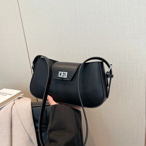 Minimalist Underarm Shoulder Bag For Women Lychee Pattern PU Leather Retro Crossbody Bag Silver Twist Lock Square Purse