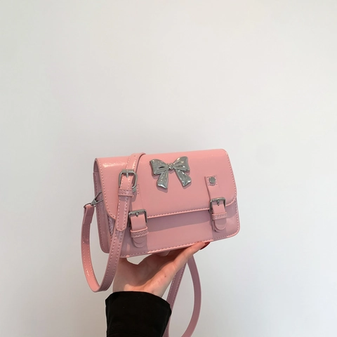 Women Crossbody Bag PU Leather Small Square Bag Silver Bow Metal Decor Vintage Academy Style Fashion Messenger Bag