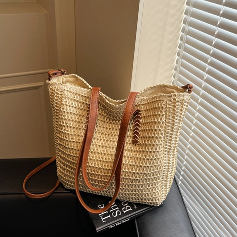 Γαλλική Ψάθινη Τσάντα Tote Μεγάλη Χωρητικότητα Παραλία Διακοπές Τσάντα Χειρός Και Ώμου Με Δερμάτινα Λουράκια
